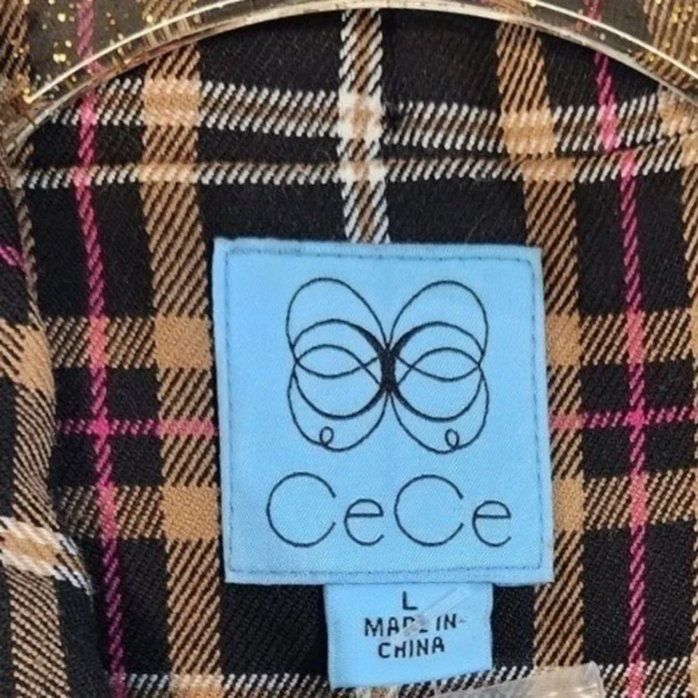 CeCe Plaid Blazer Jacket Black Tan Pink Rhinestone Button Front Women's Large‎ - Picture 2 of 12